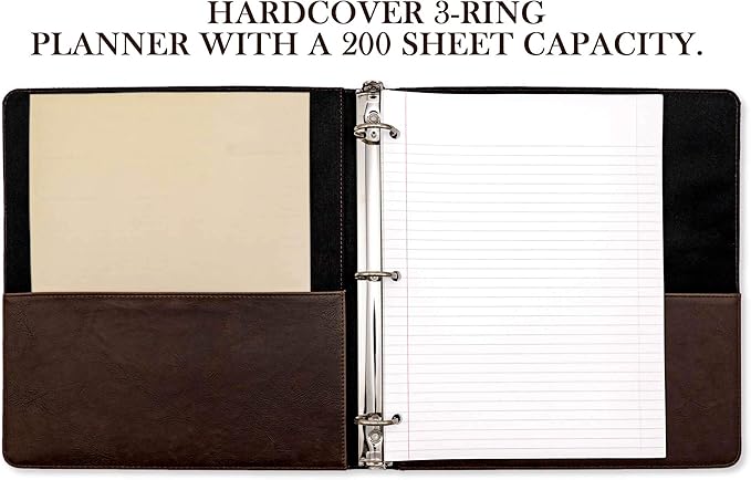 Vintage Professional 3 Ring Binder Organizer, 1-inch Round Rings, 8.5" x 11" Sheet Size, 2 Inner Pockets, 1.6" Spine, Appearance of Antique Brown Leather