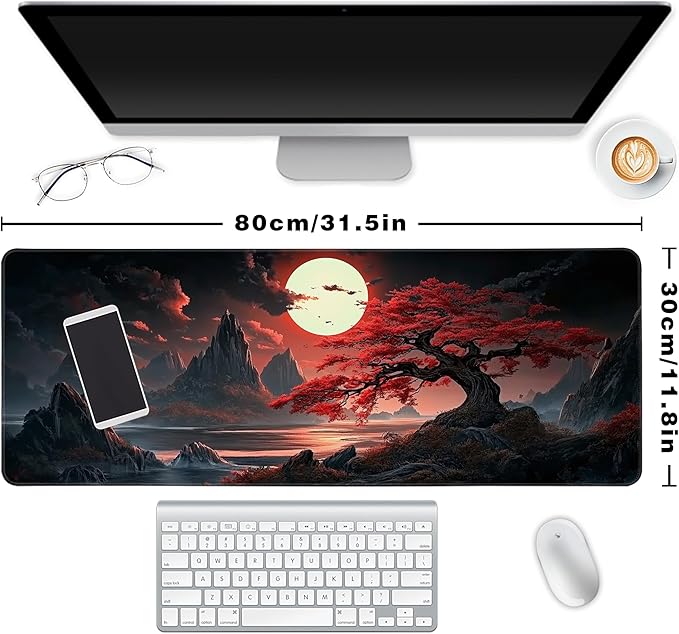 Long Gaming Mouse Pad Extended Anime Large Desk Pad with Non-Slip Base Full Keyboard Mat with Stitched Edges for Gaming and Office 31.5 x 11.8 inches (Night Cherry Blossom)
