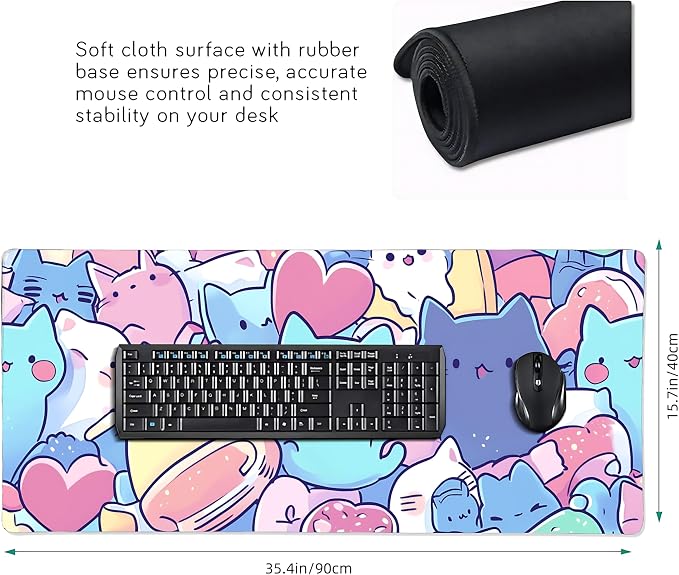 Cute Anime Cats Gaming Mouse Pad, Candy Pop Art Desk Mat with Anti-Slip Base & Stitched Edges, Office Supplies & Desk Decor for Women, 35.4" x 15.7" in Home Office Essentials