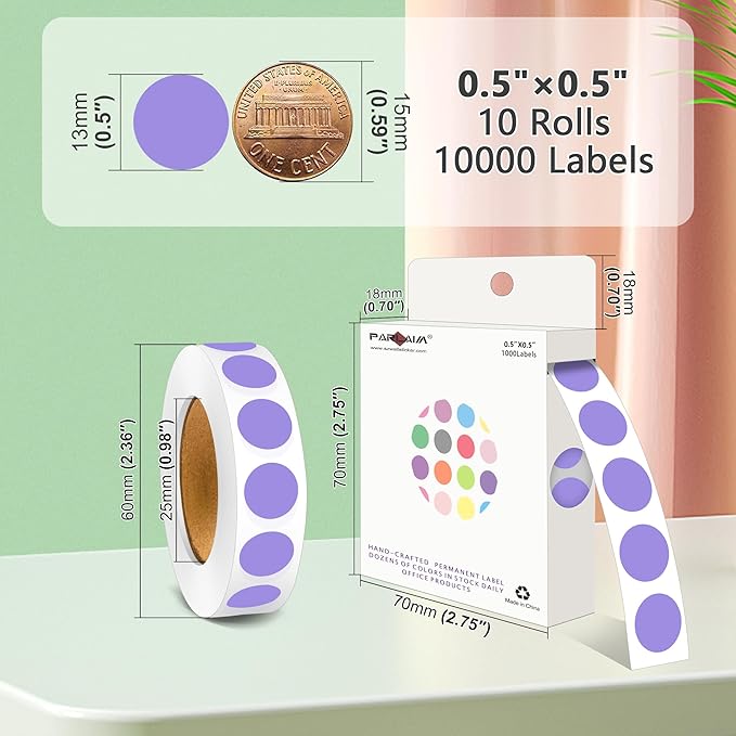 PARLAIM 10000pcs 1/2 Inch Diameter Round Color-Code Dot Stickers, 10 Rolls Adhesive Lavender Circle Labels for Office Classroom