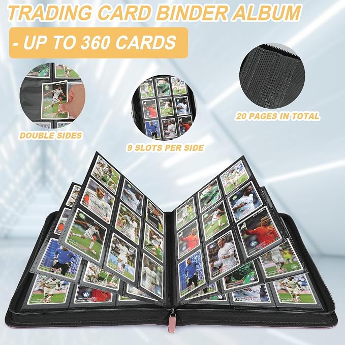 360 Cards Ringless 9-Pocket Side Loading Trading Card Binder, PU Zipper Fixed Page Card Album for TCG Sports Cards, Not Fit Top Loaders (Pink)