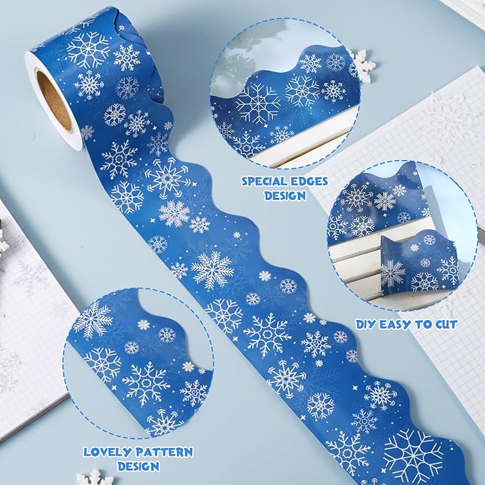 32.8 Ft Winter Snowflake Bulletin Borders Blue Scalloped Trim | Scalloped Edge for Classroom Boards, Blue Snowflake Winter Pattern, Spanish Style Office Trim, Holiday Decor