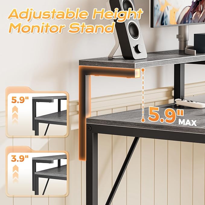 55.1 Inch Gaming Desk with LED Lights & Power Outlets | Computer Desk with Drawer & Storage Shelves, Office Writing Desk with Monitor Stand for Work from Home, Grey