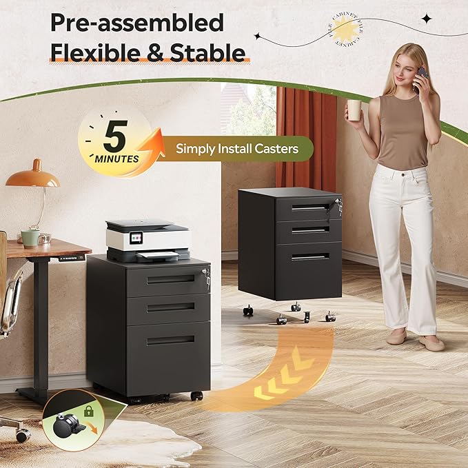 DEVAISE 3 Drawer Mobile File Cabinet, Fully Assembled Except Casters | Metal Filing Cabinet with Lock Under Desk for Home Office, Printer Stand fits A4/Letter/Legal Size, Black