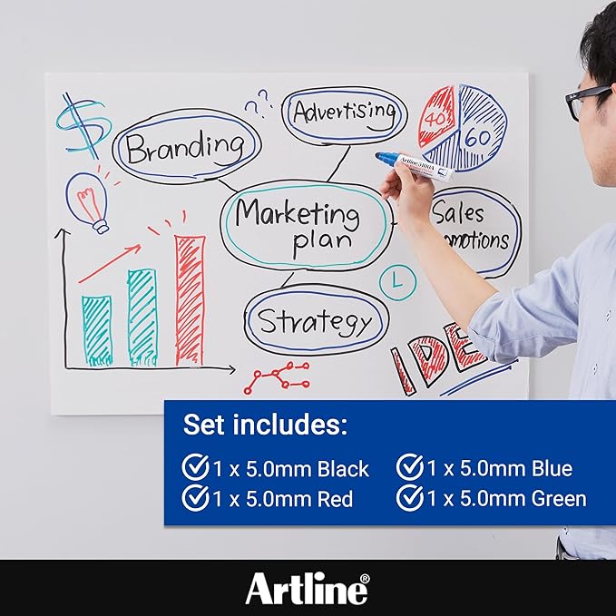 Artline 5100A Big Nib Magnum Whiteboard Dry Erase Markers, Extra Thick 5.0mm Bullet Tip, Readable from a Great Distance, Low Odor Colored Markers for School, Black, Red, Blue, Green, 4-Pack