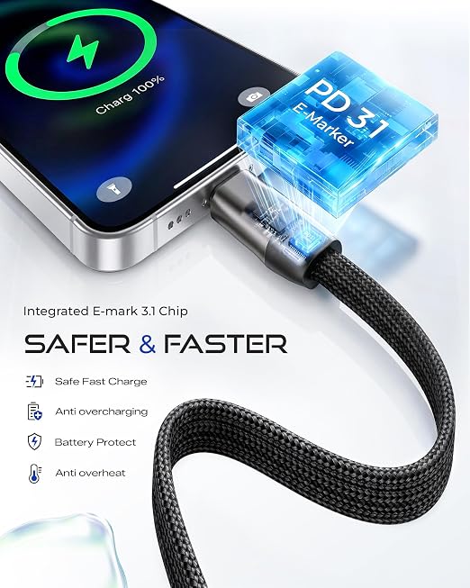 USB C to USB C Cable, 240W Fast Charging Cable with Built-in Phone Stand | (5 FT, Black), 90° Braided Invisible Stand Type-C Charger Cord for Gaming, Streaming & Hands-Free Viewing