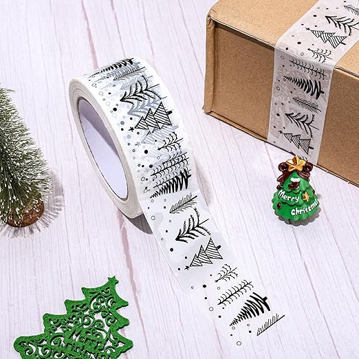 Whaline Christmas Packing Tapes Xmas Tree Printed Tape Waterproof Packing Shipping Tape Decorative White Gift Wrapping Tape for Small Business Gifts DIY Crafts Box Cartons Decor,1.89 in x 109yd