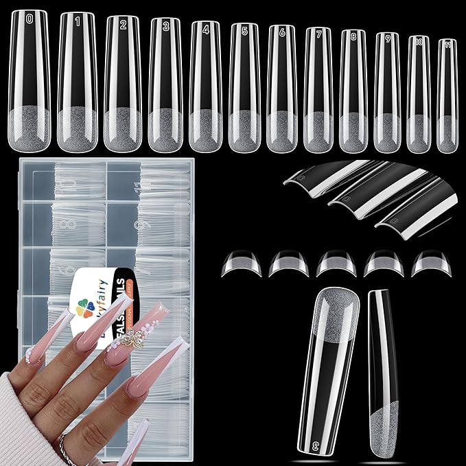 XXL No C Curve Square Flat Nail Tips, 240pcs Extra Long Straight Tapered Acrylic Gel Fake Nails, Matte Full Cover Clear Press on for Extension Manicure Home DIY 12 Sizes Gelly Tips