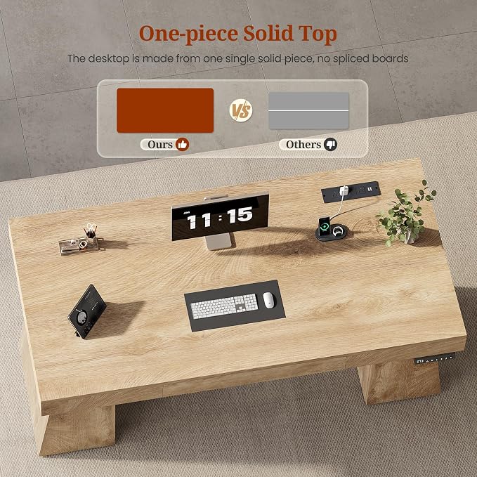 55 in Executive Standing Desk, Modern Electric Height Adjustable Desk with Drawer, Storage Cabinet, Shelves, Power Outlet, Wood Sit Stand up Computer Desks for Home Office, Oak