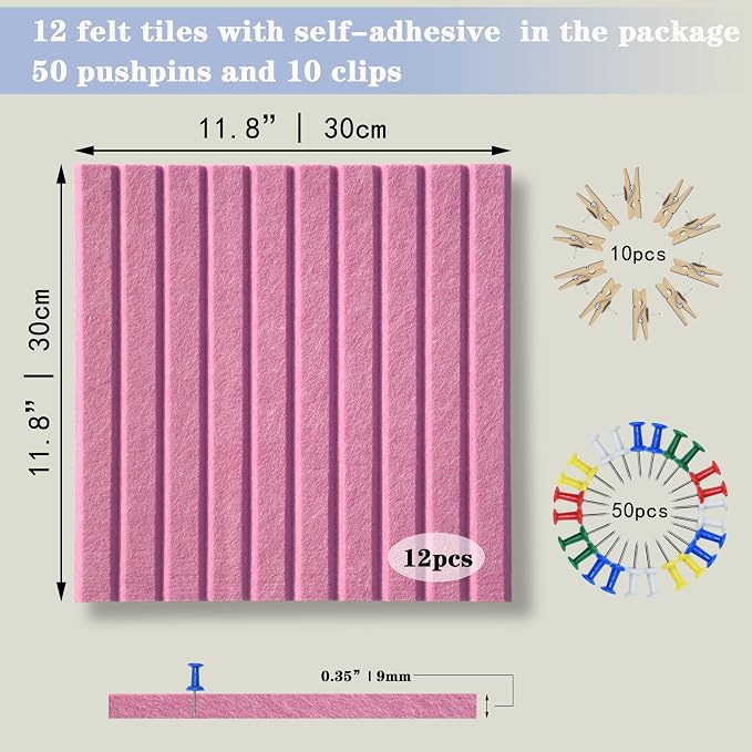 YOUDEFUL 47" x 35" Large Felt Bulletin Board, Rose | 12 Pcs Self-Adhesive Cork Board Alternative, Pin Boards for Wall Decor, Home, Office, Classroom,Dorm