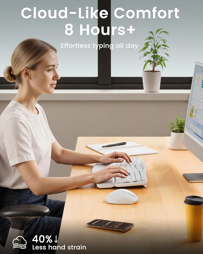 White Wireless Keyboard and Mouse Combo for MacBook & Windows, 30dB Quiet Ergonomic Keyboard Set with Wave Keys & Soft Palm Rest, Silent Typing, Dual-System Switch, Ideal for Home Office—Sablute