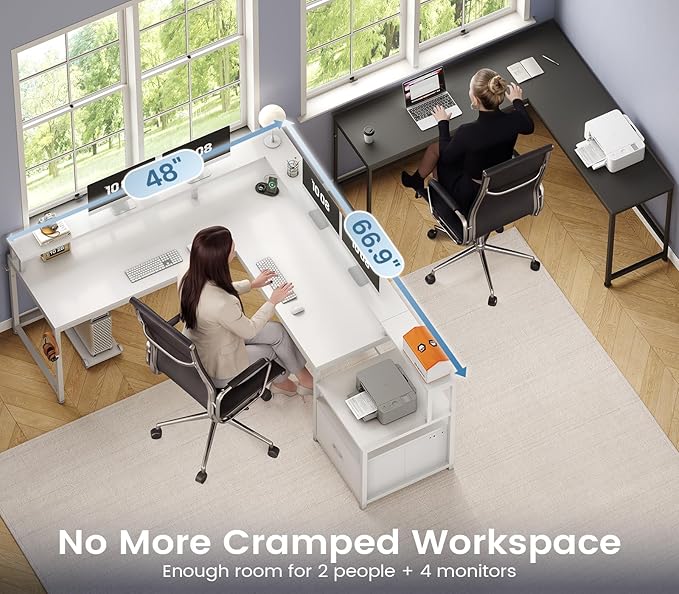SEDETA 66" Reversible L Shaped Computer Desk with Power Outlet, File Drawer | Home Office Desk with Monitor Shelf, Storage Shelves, LED Lights for Corner Small Spaces, Gaming, White