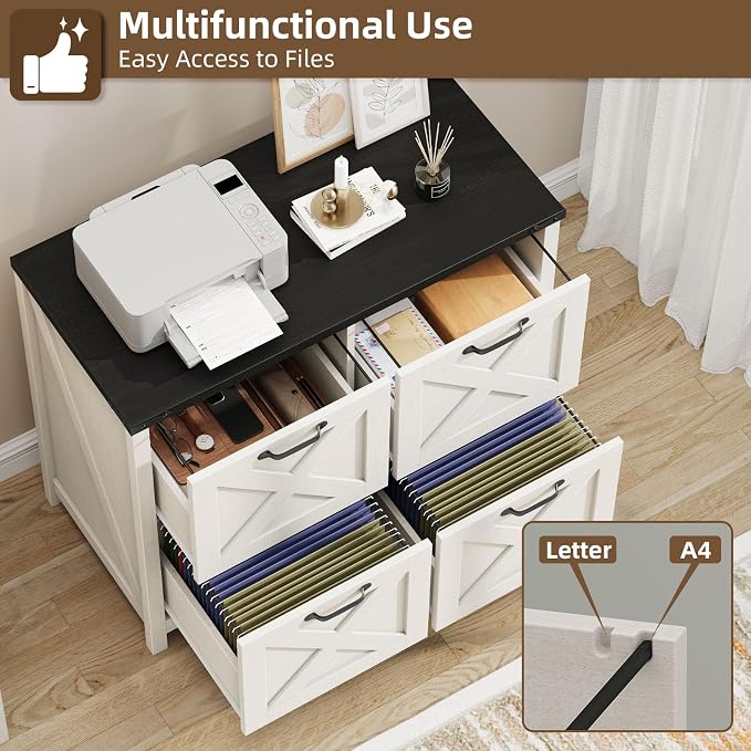 Halitaa Farmhouse Lateral File Cabinet with 4 Drawers, White and Black | Lateral Filing Cabinet for Letter/A4 Size Hanging File, Wood File Storage Cabinet Printer Stand for Home Office Cabinet
