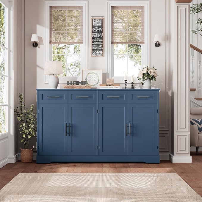 HOSTACK 60" W Sideboard Buffet Cabinet with Storage, Kitchen Cabinet, Blue | 36" Tall Kitchen Buffet Storage Cabinet with 4 Drawers, Large Coffee Bar Cabinet, Modern Buffet Table for Dining Living Room