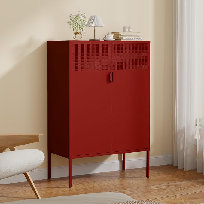 3-Tier Metal Storage Cabinet with 2 Adjustable Shelves & Mesh Doors | 2 Metal Locker Accent Cabinet with Legs, Red Storage Cabinets, Metal TV Stand Cabinet for Home Office, Entryway & Hallway