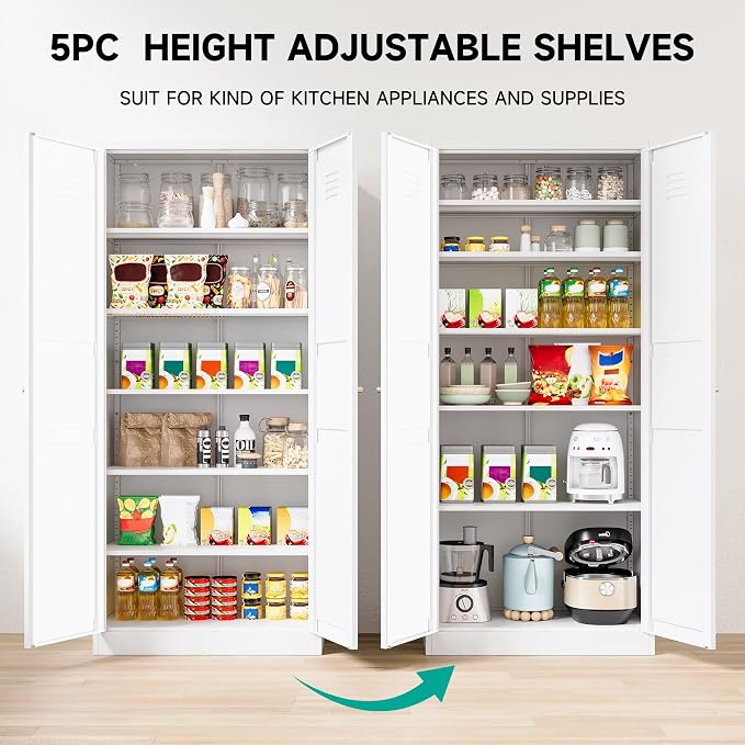 71" Tall Pantry Cabinet with 2 Doors and 5 Shelves,Kitchen Pantry Storage Cabinets,White Metal Storage Cabinet,Wide Deep Food Cupboard for Home,Kitchen,Dining/Living Room