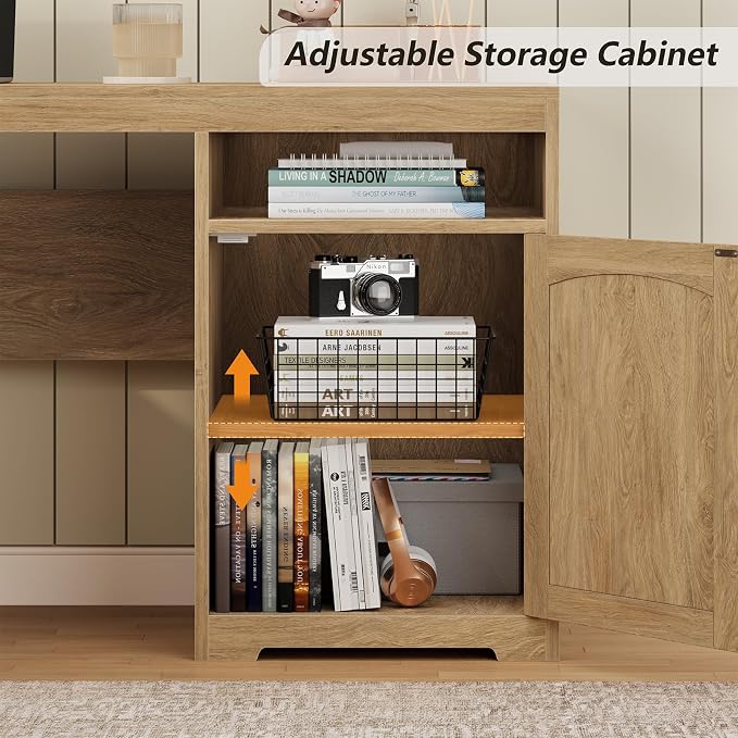 63" Fluted L Shaped Desk with Drawers & Printer Shelf for Home Office | Corner Computer Desk with Storage, Power Outlets, L Shaped Office Desk with Monitor Stand, Printer Shelf, Oak