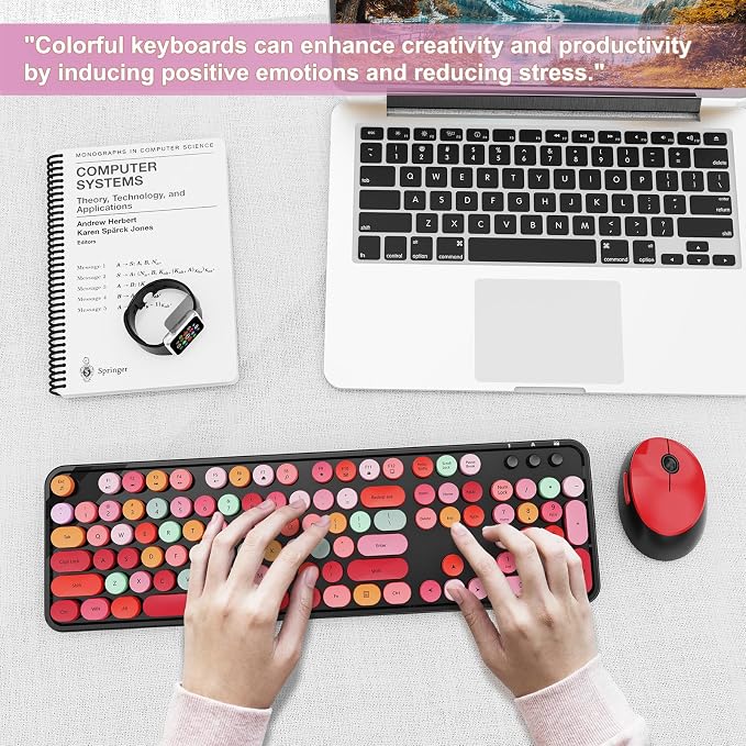 Wireless Keyboard and Mouse Combo, Ergonomic Full Size Typewriter Retro Round Keycaps Keyboard, Compatible with Windows, PC, Perfer for Home and Office Keyboards (Red