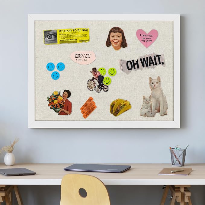 AKTOP White Cork Bulletin Board with Linen 20" X 30", Large Framed Corkboard for Wall, Hanging Pin Board Picture Board for Home Office Decor, Cute Vision Board with Pushpins