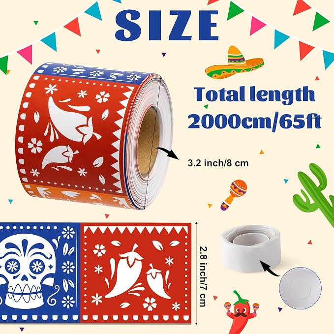 BeYumi Mexican Fiesta Border Trim - 65ft Cinco De Mayo Flags Straight Rolled Border Trim Colorful Papel Picado Mexican Fiesta Carnival Bulletin Board Set Taco Birthday Party School Home Wall Decor