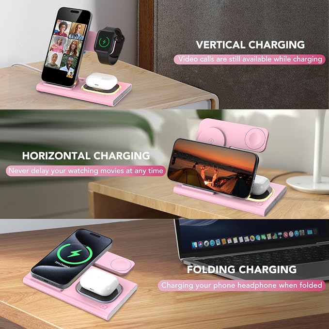3 in 1 Foldable Wireless Fast Charging Station for Apple Multiple Devices | iPhone Charging Station for iPhone 17, Travel iWatch Charger Stand, Light Nightstand Charging Dock for Apple Watch/Airpods