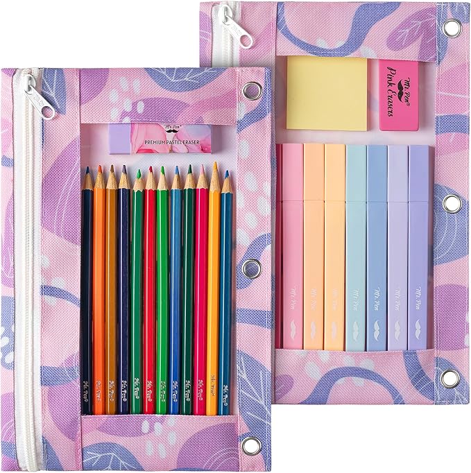 Mr. Pen- Pencil Pouch for 3 Ring Binder, 2 Pack, 10"x6.75", Smooth Zipper | Clear Window, Large Capacity Pencil Case with 3 Reinforced Grommets for School, Office, Supplies Storage
