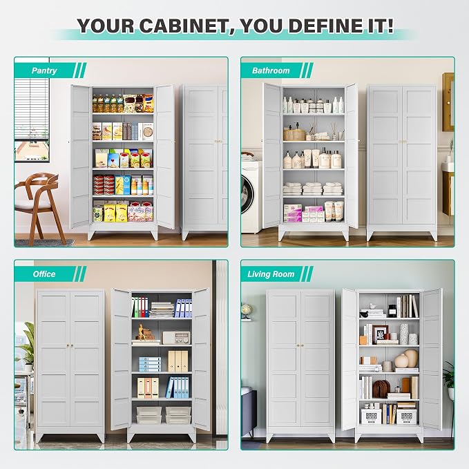 Wide & Deep Pantry Storage Cabinet with 2 Doors and 5 Shelves,72 inch Tall Metal Storage Cabinet,Large Cupboard,White Cabinets for Home,Kitchen,Bathroom,Dining/Living Room