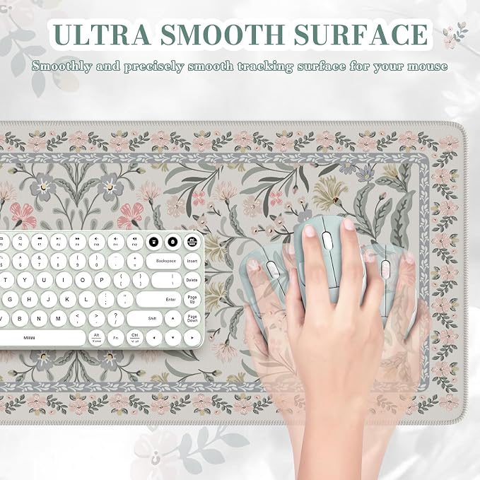 iCasso Aesthetic Desk Mat,31.5x11.8in Mouse Pads, Gray Floral | Anti-Slip Mousepad with Stitched Edges, Waterproof Computer Pad, Desk Accessories Office Decor for Women