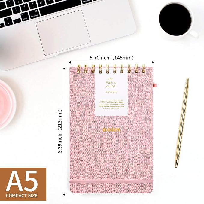 A5 Top Spiral Notebook, Fabric Hardcover College Ruled Journal | 100GSM Paper 160 Lined Pages, 5.7"x8.39" Steno Pads with Elastic Band & Pen Loop, for Work, School Note Taking (Pink)