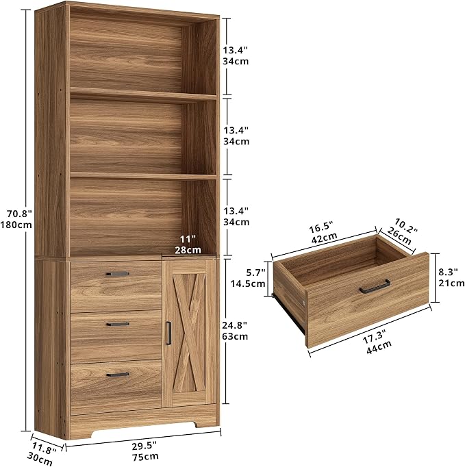 IRONCK 71 in Bookshelf with Doors and Drawers, Industrial Tall Bookcase | Engineered wood with 3-tier shelves, 3 drawers, enclosed storage, anti-tip hardware, 132 lb maximum capacity, for home office
