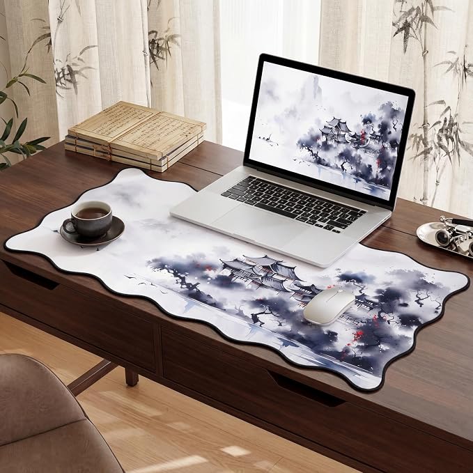 Kingdder Scalloped Japanese Desk Mat Large Aesthetic Ink Mouse Pad 31.5" x 15.7" Chinoiserie Nonslip Rubber Base Keyboard Pad for Laptop Gaming Office Computer Dorm Home
