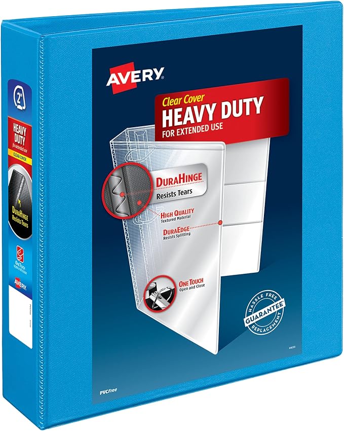 Avery® Heavy-Duty View 3 Ring Binder, 2" Rings, 1 Light Blue Binder | For Heavy School, Home and Office Use, DuraHinge Tear-Resistant Spine, DuraEdge Split-Resistant Sides, Nonstick Pockets