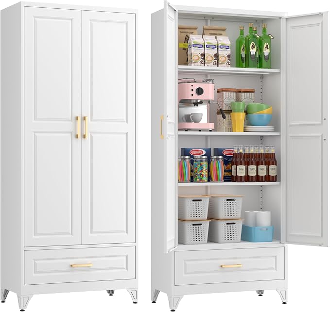 75" Kitchen Pantry Cabinet, Metal Storage Cabinets with 2 Doors | Kitchen Cabinet with Drawer & 3 Adjustable Shelves, Tall Food Pantry Cabinet, Cupboard for Kitchen, Dining Room, Living Room