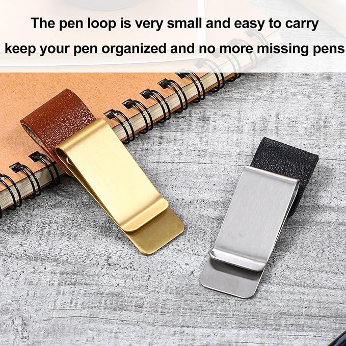2Pcs PU Leather Pen Clips, Pen Holder for Notebook Metal Pens Loop Holder Notebook Pens Clip for Journal Notebooks Planner Clipboard Office (Black Silver + Brown Gold)