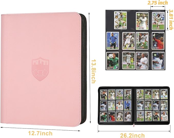 12 Pocket Ringless Side Loading Trading Card Binder, 720 Cards PU Fixed Page Zipper Card Album for TCG Sports Game Cards, Not Fit Top Loaders (Pink)