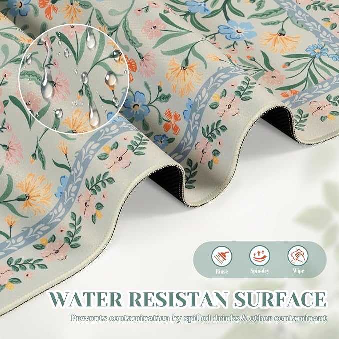 iCasso Aesthetic Flower Mouse Pad,23.6x13.7in, Green Floral | Desk Pad Mat, Desk Matt for Desktop Anti-Slip Mousepad with Stitched Edges for Laptop Computer Keyboard