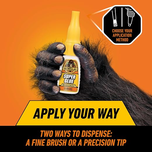 Gorilla Super Glue with Brush & Nozzle Applicator, Clear, 12 g, 2-Pack | All Purpose, Fast Setting for Projects and Repairs, Anti-Clog Cap, Ideal for Wood, Metal, and Plastic