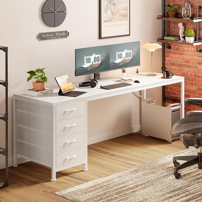 63 Inch Computer Office Desk with Power Outelts and USB-C Port, Reversible Gaming Desk with 4 Fabric Drawers, Work Study Desk Work from Home, White