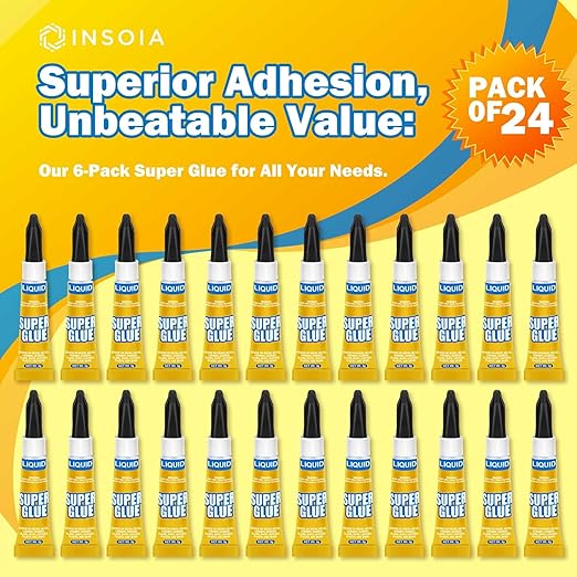 Super Glue Liquid Clear, 24 X 3g All Purpose Strong Adhesive Ca Glue Cyanoacrylate Quick Dry Instant Glue for Plastic, Metal, Ceramic, Shoe, Wood, Leather, Model, Rhinestone, Jewelry and DIY Crafts