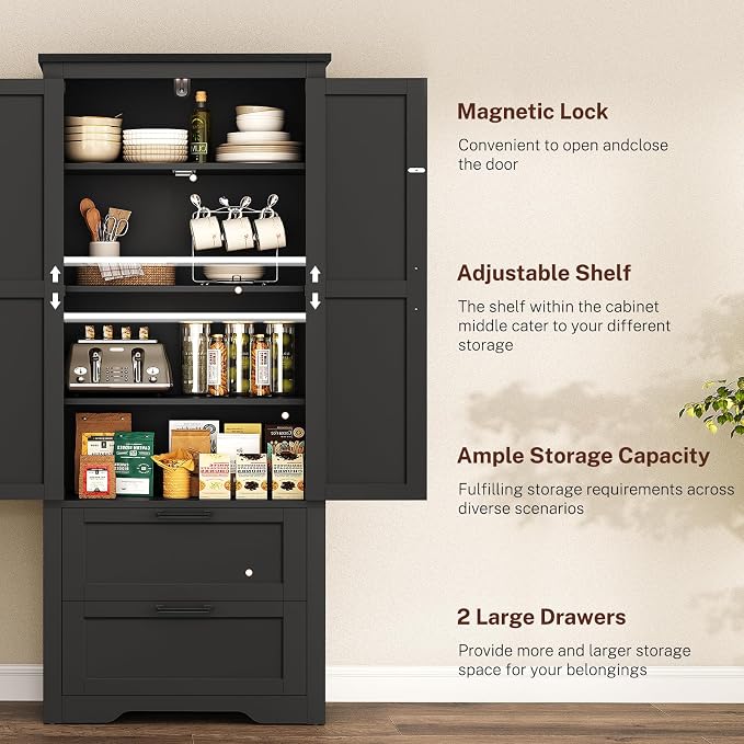 66.1" H Storage Cabinet, Farmhouse Kitchen Pantry Cabinet with 2 Drawers & Adjustable Shelf, Bathroom Cabinet, for Living Room, Kitchen, Bathroom, Black