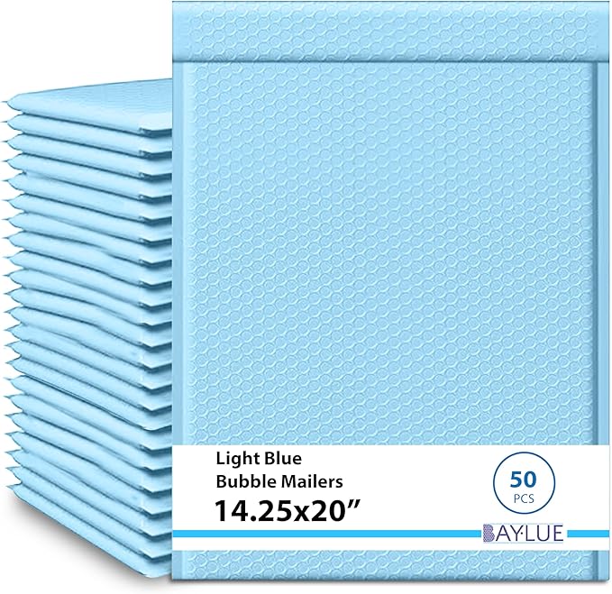 Light Blue 14.25x20 Inch Poly Bubble Mailers #7 | Self Seal Large Padded Envelopes | Air Cushioned Bubble Mailer | Usable Size 14.25x19 Inch | Waterproof Lightweight Mailing Shipping Bags | 50 Pack