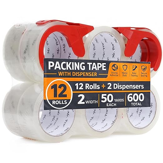Mr. Pen- 12 Rolls Packing Tape with 2 Dispensers, 2” Wide, 50 Yards, Clear Packing Tape Heavy Duty for Mailing, Moving Boxes and Packaging