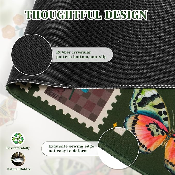 iCasso Vintage Desk Cover Mat, XXL Large Butterfly Mouse Pad, Olive Green | Desk Matt for Desktop Protector, Anti-Slip Mousepad with Stitched Edges for Laptop Computer Keyboard