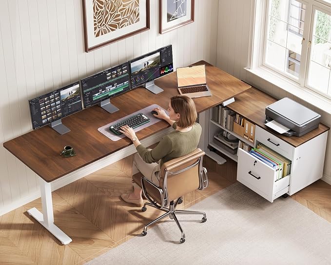 71" L Shaped Electric Standing Desk with Cabinet Sets, Walnut/White | Mobile Drawers & File Cabinet Sets for Flexible Layout, Height Adjustable Executive Stand Up Desk for Home Office Workstation