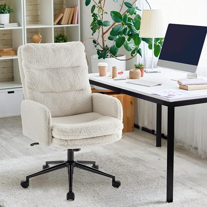 IWMH High Back Home Office Chair,Comfy Desk Chair with Armrests Cashmere | Ergonomic Upholstered Office Desk Chair,Height Adjustable Armchair with Wheels, 360° Swivel Desk Chair (White)