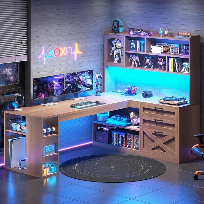 SEDETA 61" L Shaped Office Desk with Drawers and Storage, Light Brown | Computer Desk with Storage Shelves and Power Outlet, Corner Gaming Desk with LED Light and Display Cabinet for Home Office
