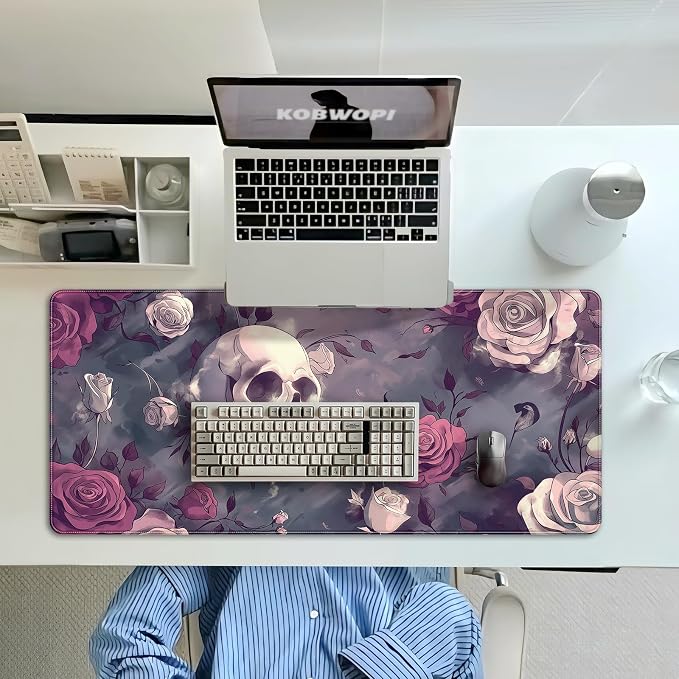 35.4 x 15.7 in, XXL Large Mouse Pad for Desk, Extended Keyboard Mouse Mat for Computer Office, Big Mouse pad with Stitched Edges, Gaming Pc-Skull red Pink Rose Butterfly