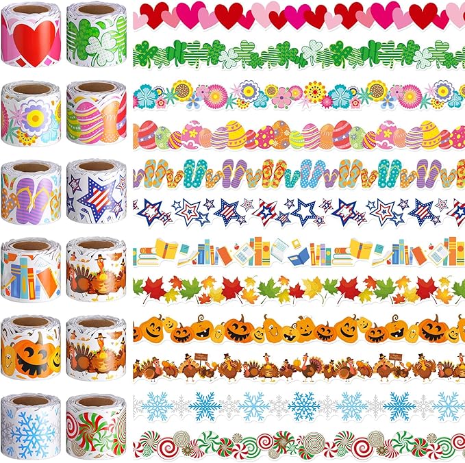 Geyee 12 Rolls 394 ft Holiday Bulletin Board Borders Seasonal Bulletin Board Decorations Easter Summer Trim for School Classroom Wall Decor