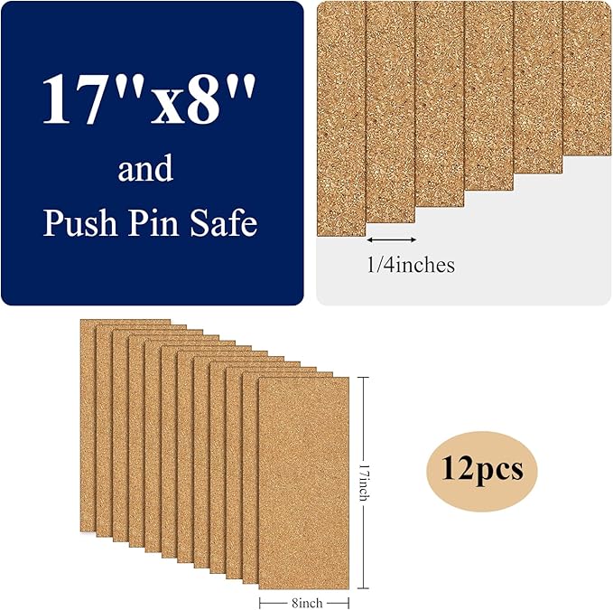 NACHLYNN Cork Board 12 Pack 17 x 8 Square Bulletin Board for Wall Self-Adhesive Corkboards with 100 Push Pins Frameless Cork Tiles for Walls Home Office
