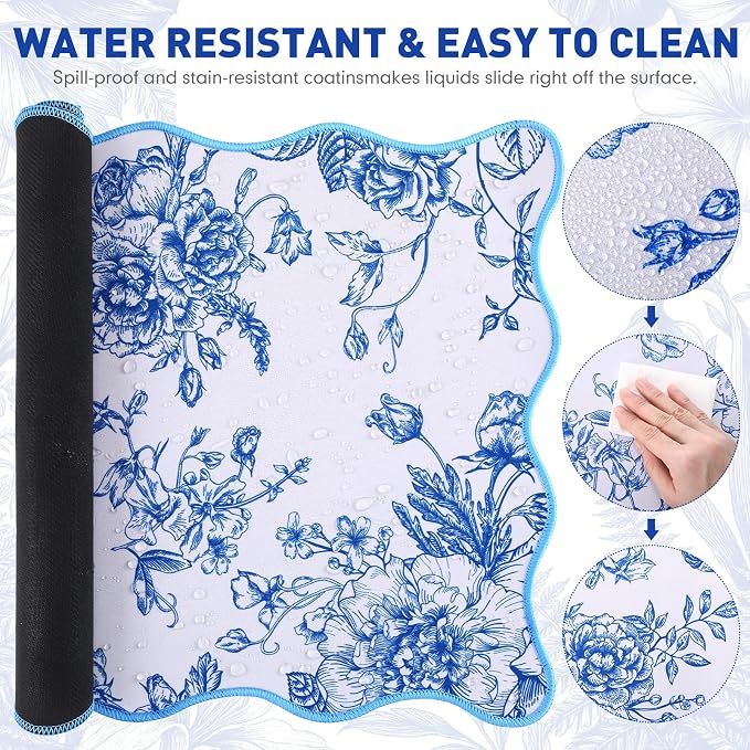 Kingdder Scalloped Floral Desk Mat Large Chinoiserie Mouse Pad Blue White Floral Desk Pad 31.5" x 15.7" Aesthetic Girly Vintage Keyboard Computer Laptop Mat for Dorm Home Office Gaming Decor